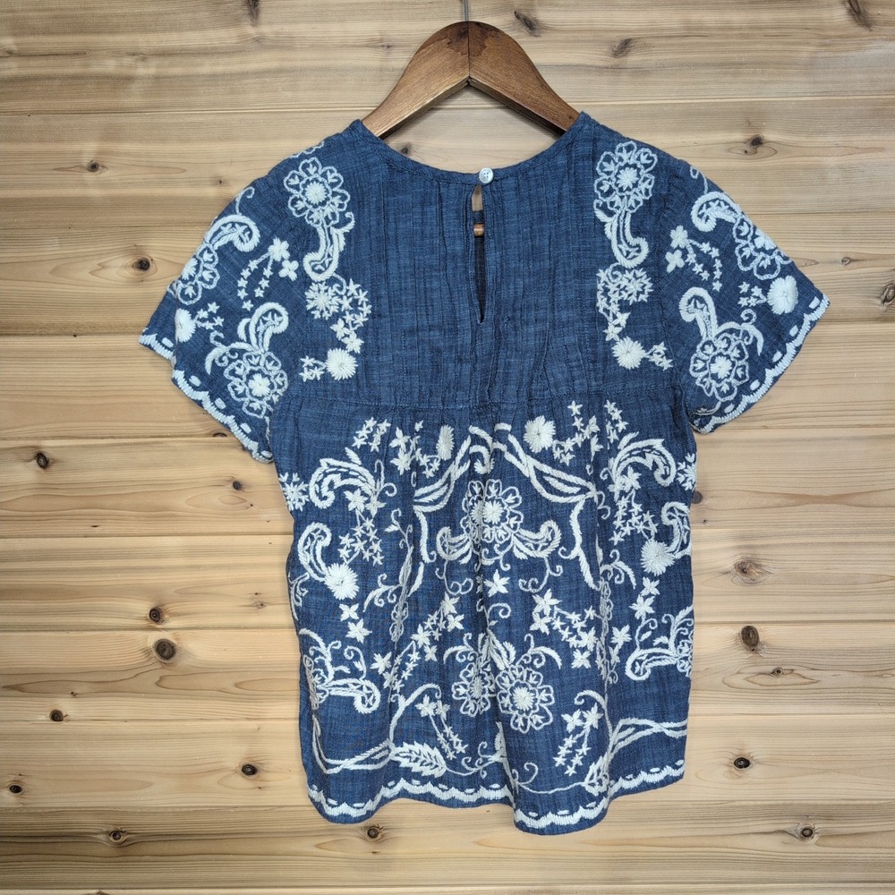Sea New York Blue Embroidered Floral Butterfly Cotton Blouse‎ Top Size 0 - Picture 5 of 11